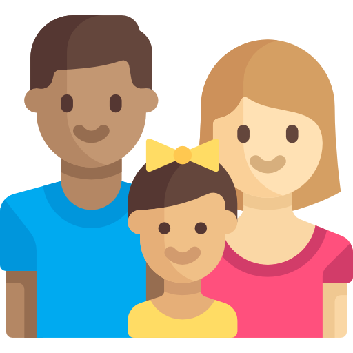 Cartoon illustration of a family of three, with a father, mother, and daughter all smiling.