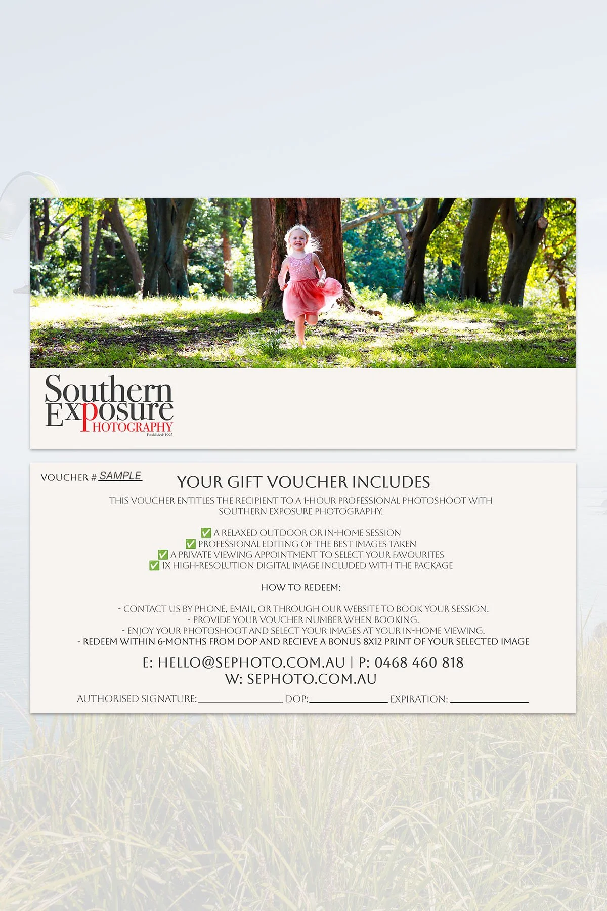 A photography gift voucher from Southern Exposure Photography featuring a child running outdoors in a pink dress with green trees and sunlight in the background.