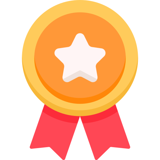 A gold medal with a white star in the center and red ribbons hanging from the bottom.