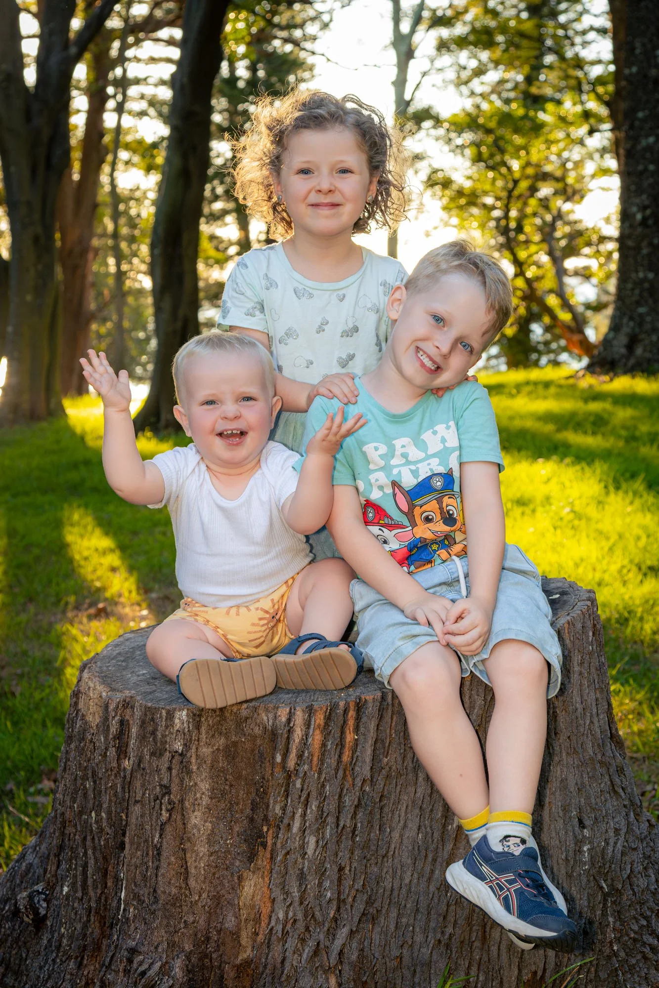 A group of three children sitting and standing on a large tree stump in a park during the daytime, with trees and grass visible in the background during a relaxed outdoor family photoshoot by Southern Exposure Photography.