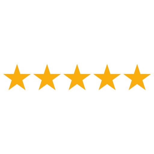 Five gold stars and the word "Rated" with three black lines above it indicating a rating system.