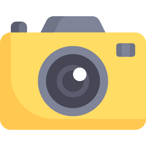 Illustration of a yellow camera with a large lens in the center.