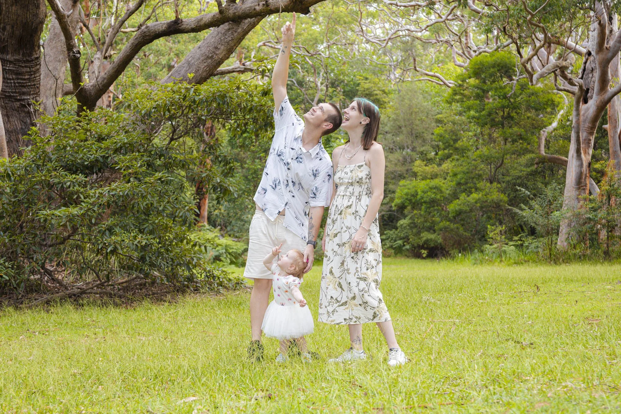 A man, woman, and young girl standing outdoors on a grassy area surrounded by trees and greenery. The man is pointing up to the tree, the woman is smiling, and the girl is looking up at the tree while holding the man's hand.