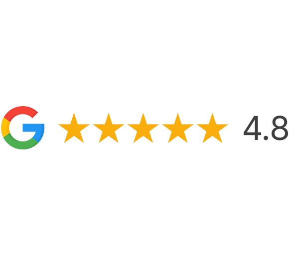 Google logo with a five-star rating and a 4.8 star average rating.