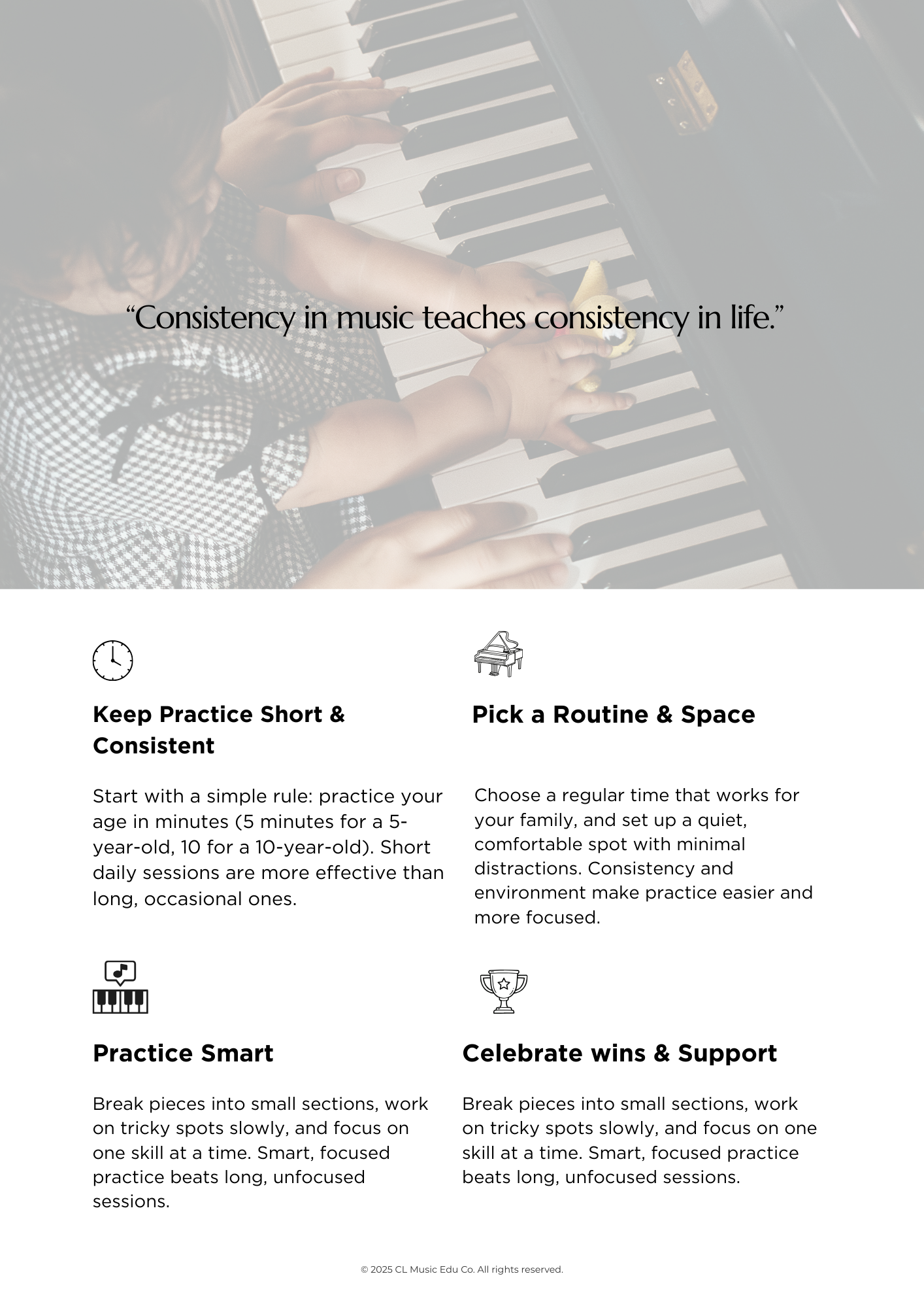 Child playing piano with a quote overlayed: 'Consistency in music teaches consistency in life.' Below are four sections with icons and tips for practicing piano, including keeping practice short and consistent, choosing a routine and space, practicing smart, and celebrating wins and support.