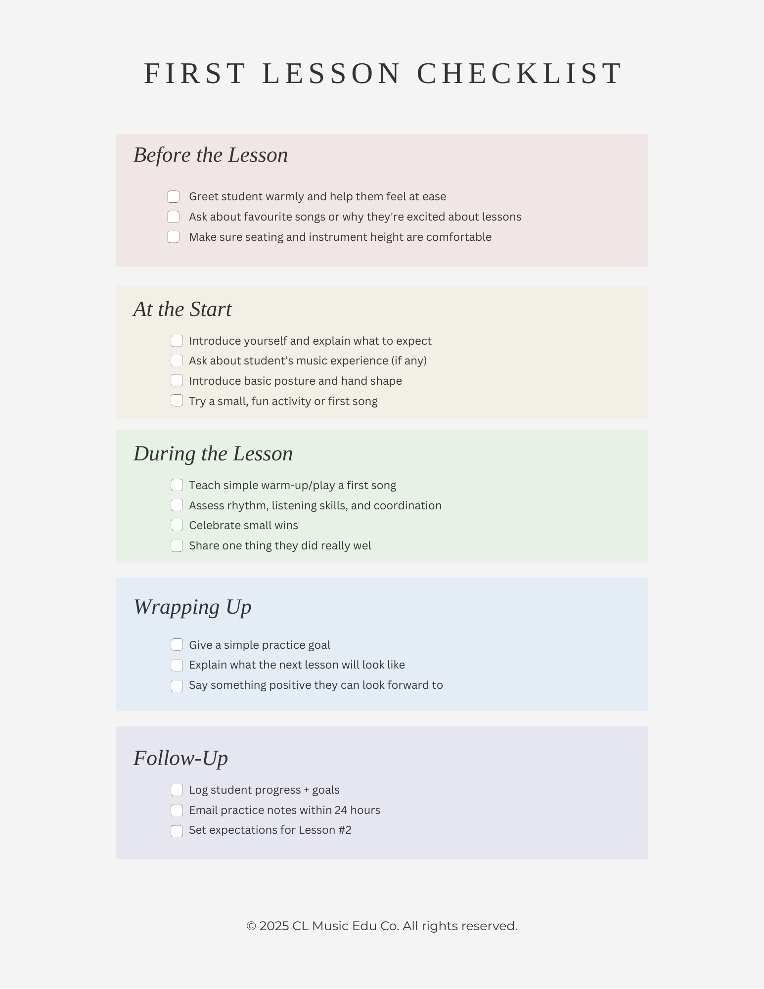 A printable checklist titled 'First Lesson Checklist' with sections for before the lesson, at the start, during the lesson, wrapping up, and follow-up, each containing checkboxes and instructions for music teaching preparation and execution.