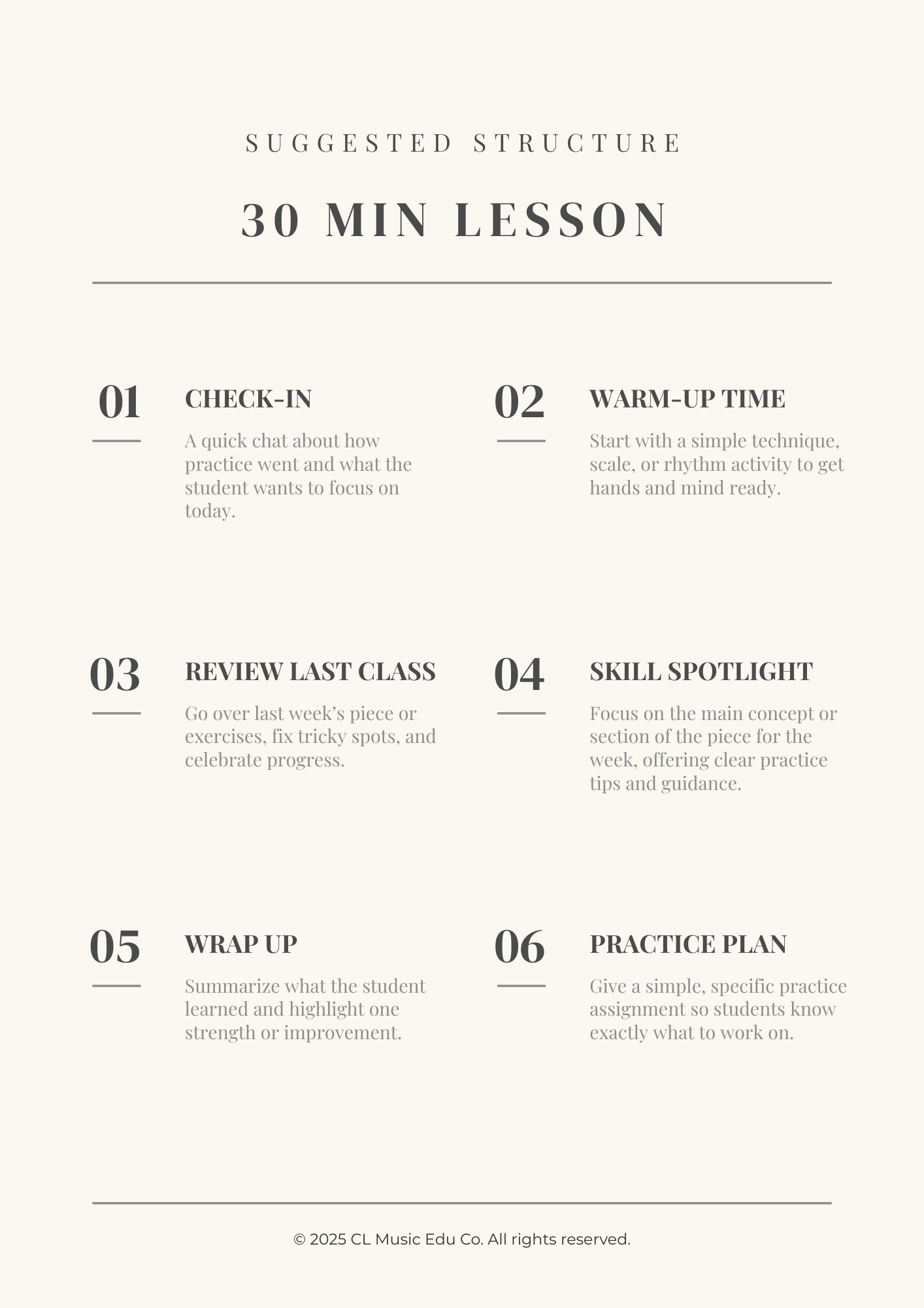 A digital music lesson plan titled 'Suggested Structure 30 Min Lesson' divided into six sections: Check-in, Warm-up Time, Review Last Class, Skill Spotlight, Wrap Up, Practice Plan, with brief descriptions for each.