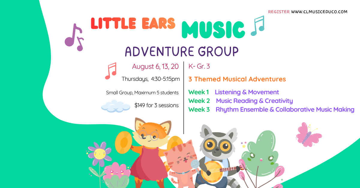 Little Ears Music Summer Adventure Group (K–Grade 3)
Join our 3-session music class series this August!
A fun and engaging music adventure designed for young learners.