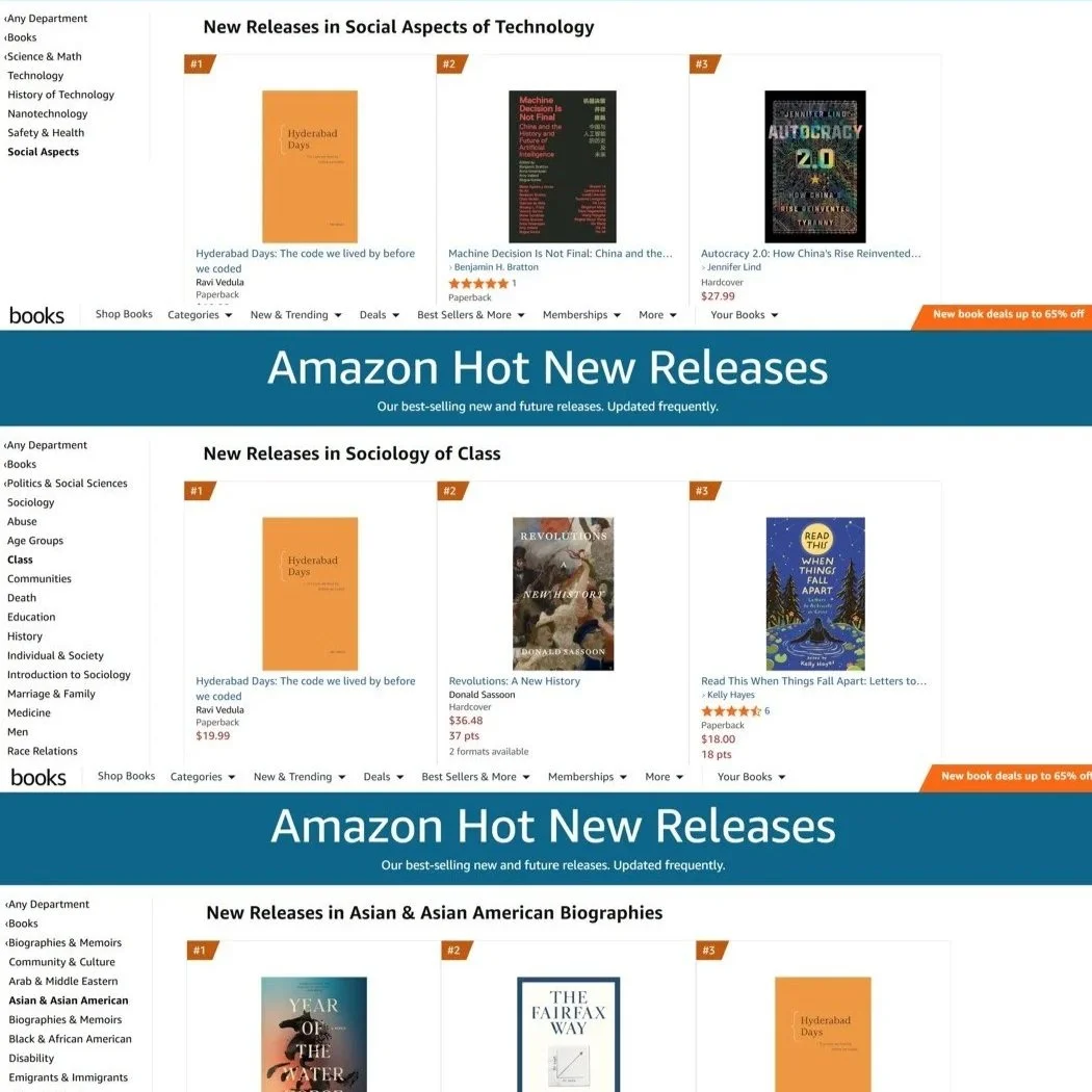 Screenshot of Amazon's new releases page featuring categories: Social Aspects, Sociology of Class, and Asian & Asian American Biographies. Displays book titles, covers, ratings, prices, and rankings in each category, with a blue banner highlighting "Amazon Hot New Releases".