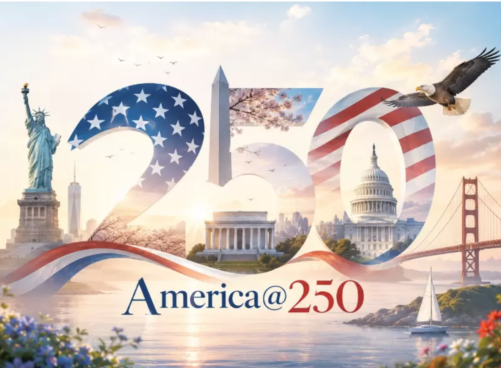 Illustration of an Indian immigrant’s journey from a humble childhood shaped by books and education to opportunity in America, with the Statue of Liberty, U.S. flag, and “USA 250” in the background.