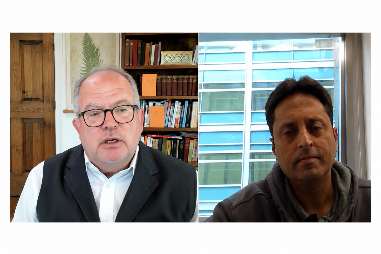 Split-screen screenshot of a virtual conversation between Greg Shaw and Ravi Vedula for a Substack interview.