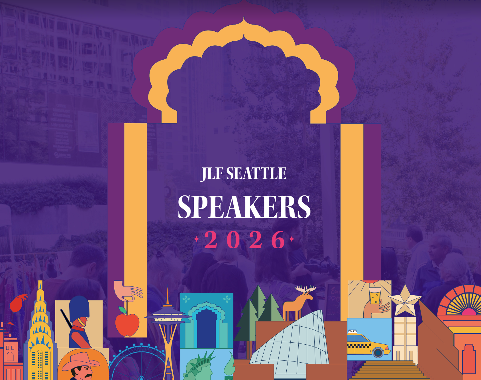 Illustration with text Jaipur Literary Festival Speakers 2026