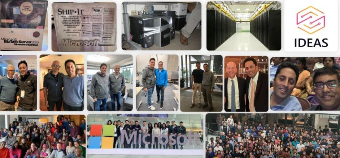 Collage of photos from Ravi's career at Microsoft, including electronic equipment, server room, and group photos from events.