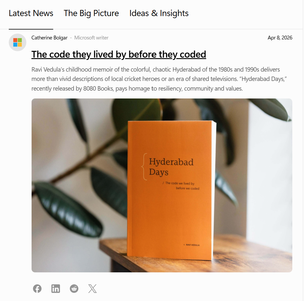 A screenshot of a Microsoft Signal article titled “The code they lived by before they code" featuring Ravi Vedula’s book Hyderabad Days. The image shows an orange book standing upright on a wooden table with green plant leaves in the background 