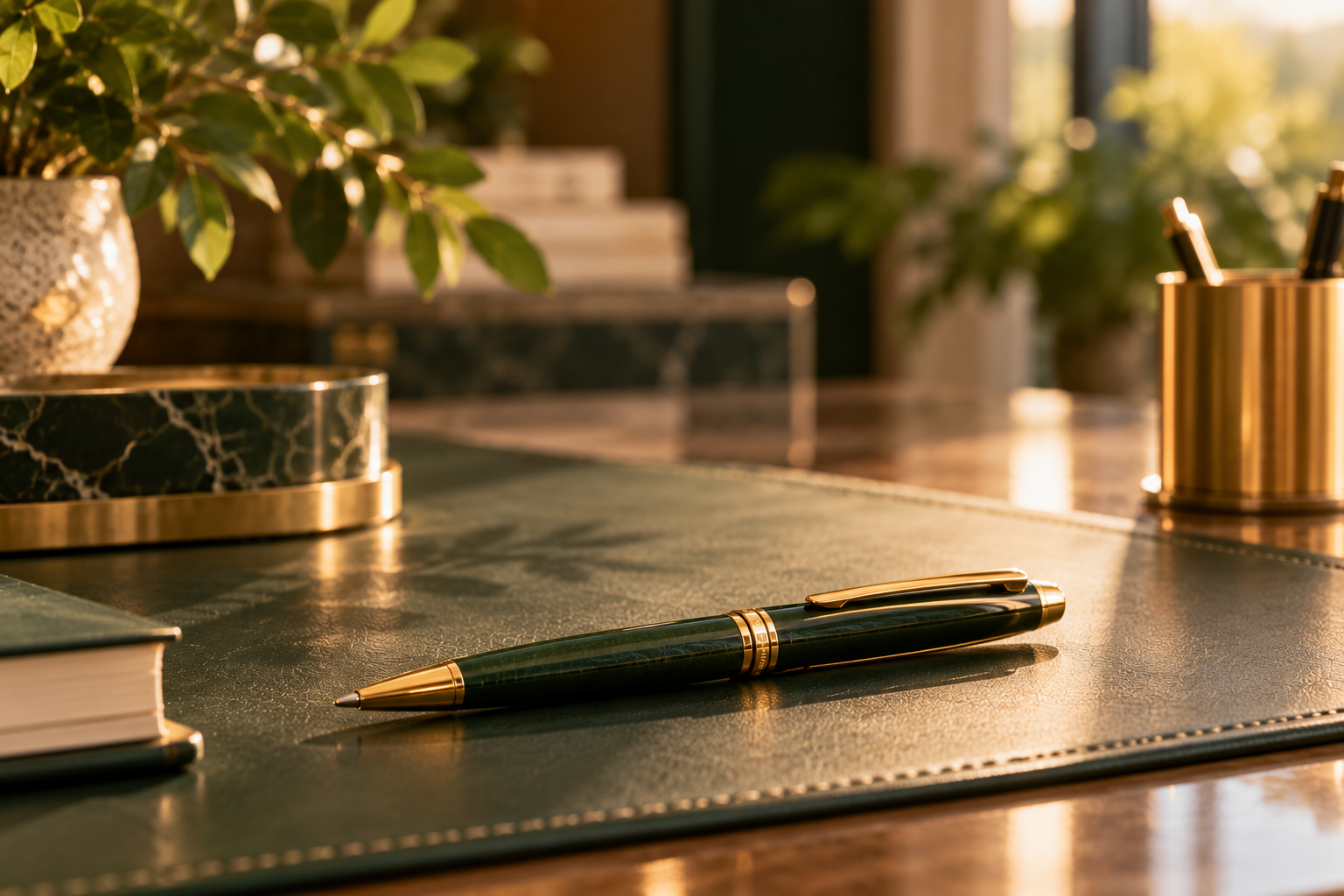 Desk with a green leather desk mat, a black and gold pen, a closed notebook, a gold pen holder with pens, a marble tray with gold edges, a potted plant, books, and sunlight coming through a window.