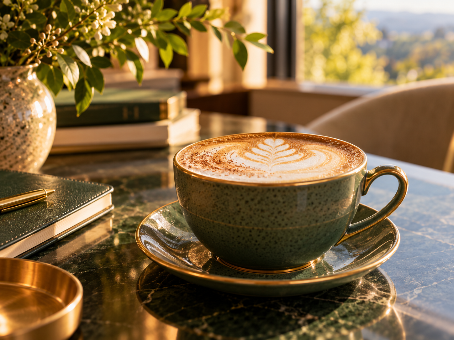 A hot latte with latte art in a green ceramic cup on a saucer, placed on a marble table with a notebook and pen, with a vase of flowers and a window showing a scenic outdoor view in the background.
