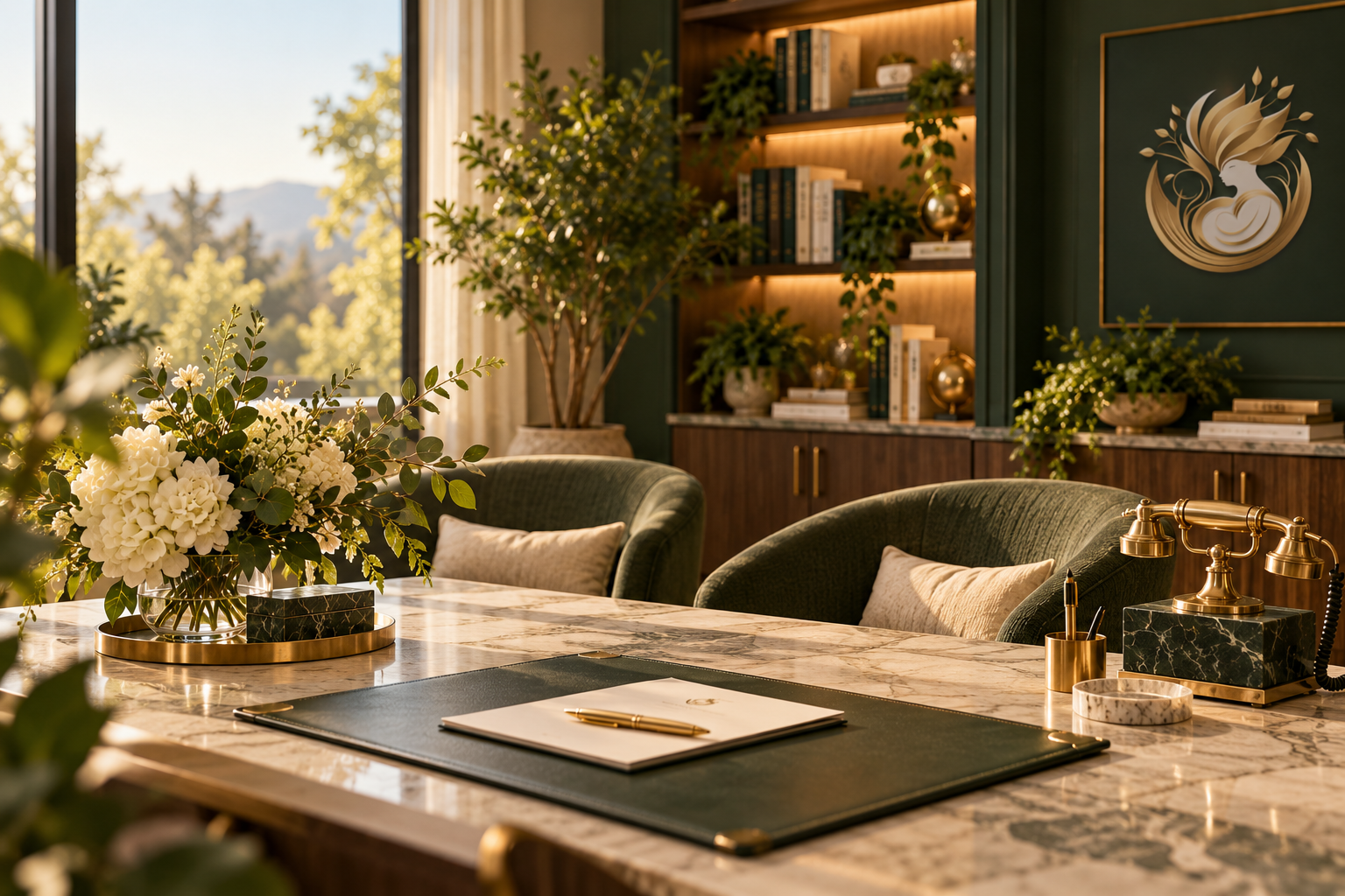 Elegant conference room with marble table, lush green chairs, floral centerpiece, and a backdrop of large window and bookshelves with decorative items.