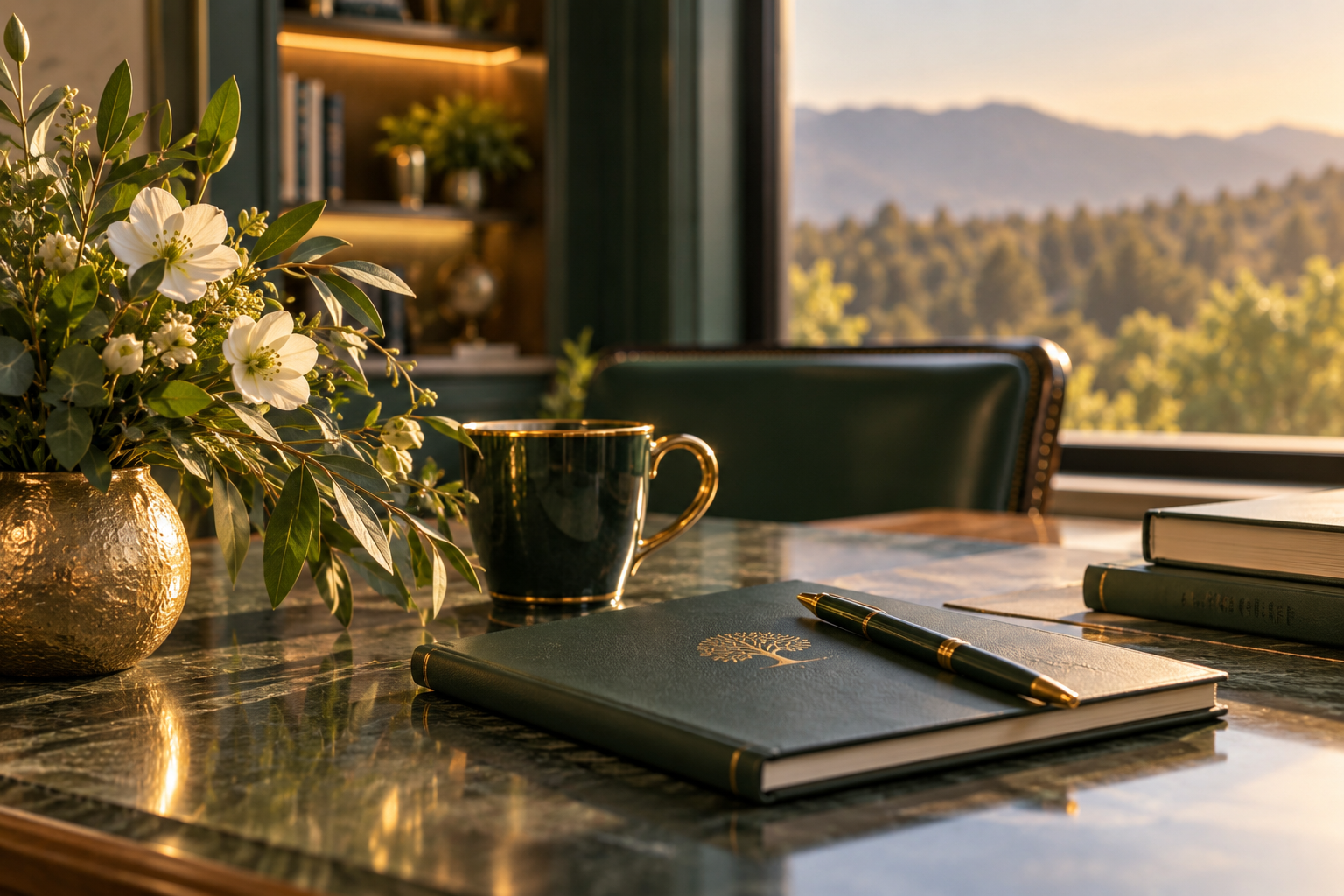 A marble table with a gold textured vase filled with white flowers and green leaves, a black coffee mug, a closed notebook with a gold tree logo and a black pen on top, and a few other closed books; a window in the background shows a view of green trees and mountains at sunset.
