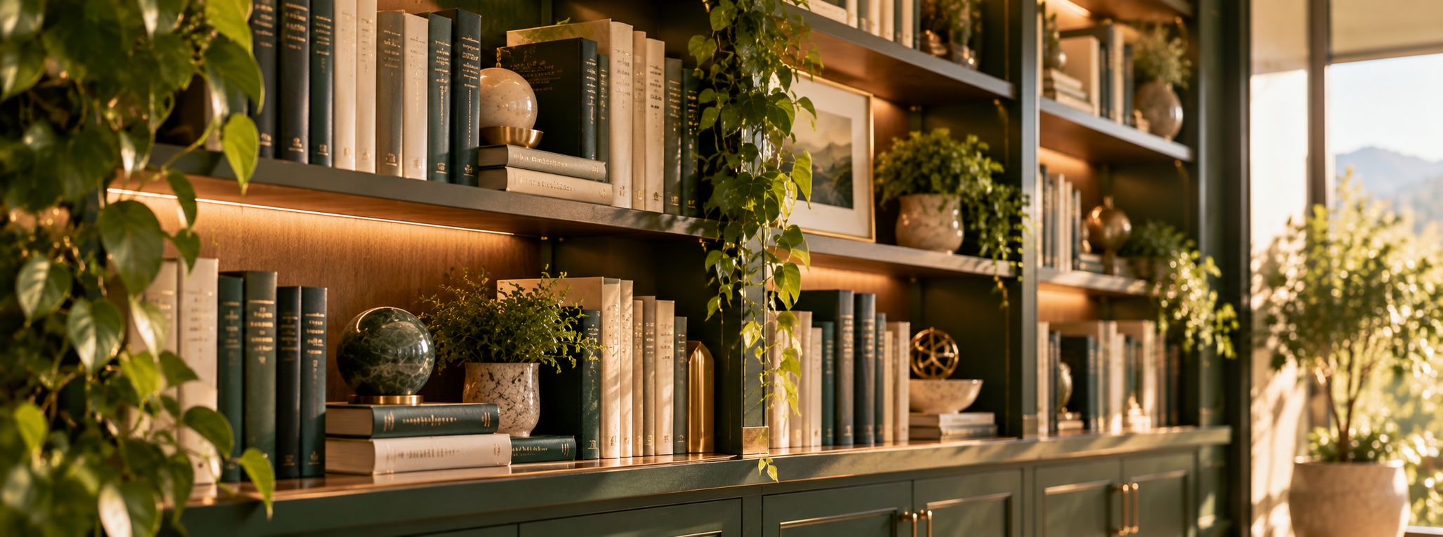 Bookshelves filled with books, decorative plants, and vases in a well-lit room with large windows and mountain view.