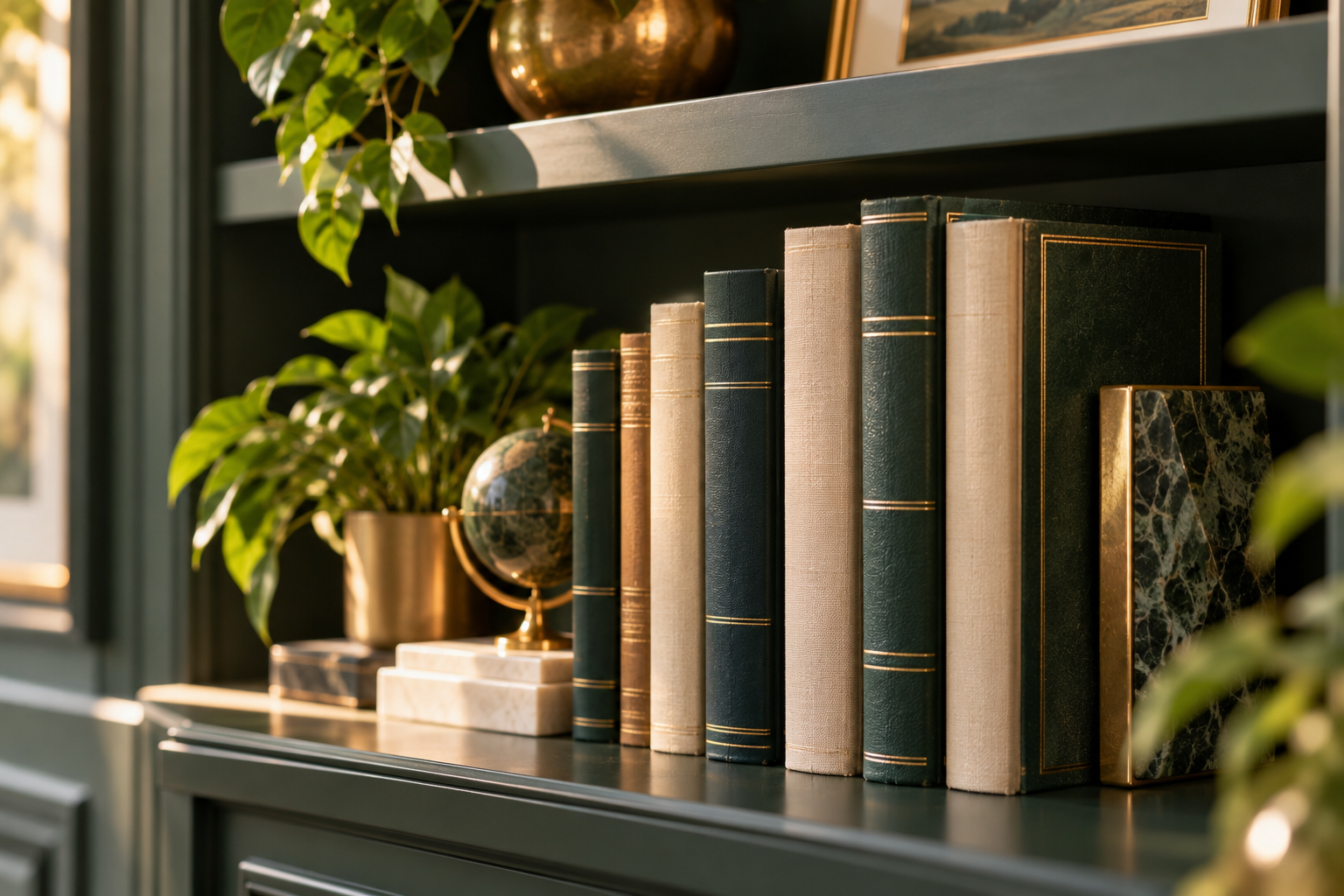 A bookshelf with a potted plant, a decorative globe, and a collection of hardcover books in shades of green, beige, and black, with gold accents, arranged in front of a window.