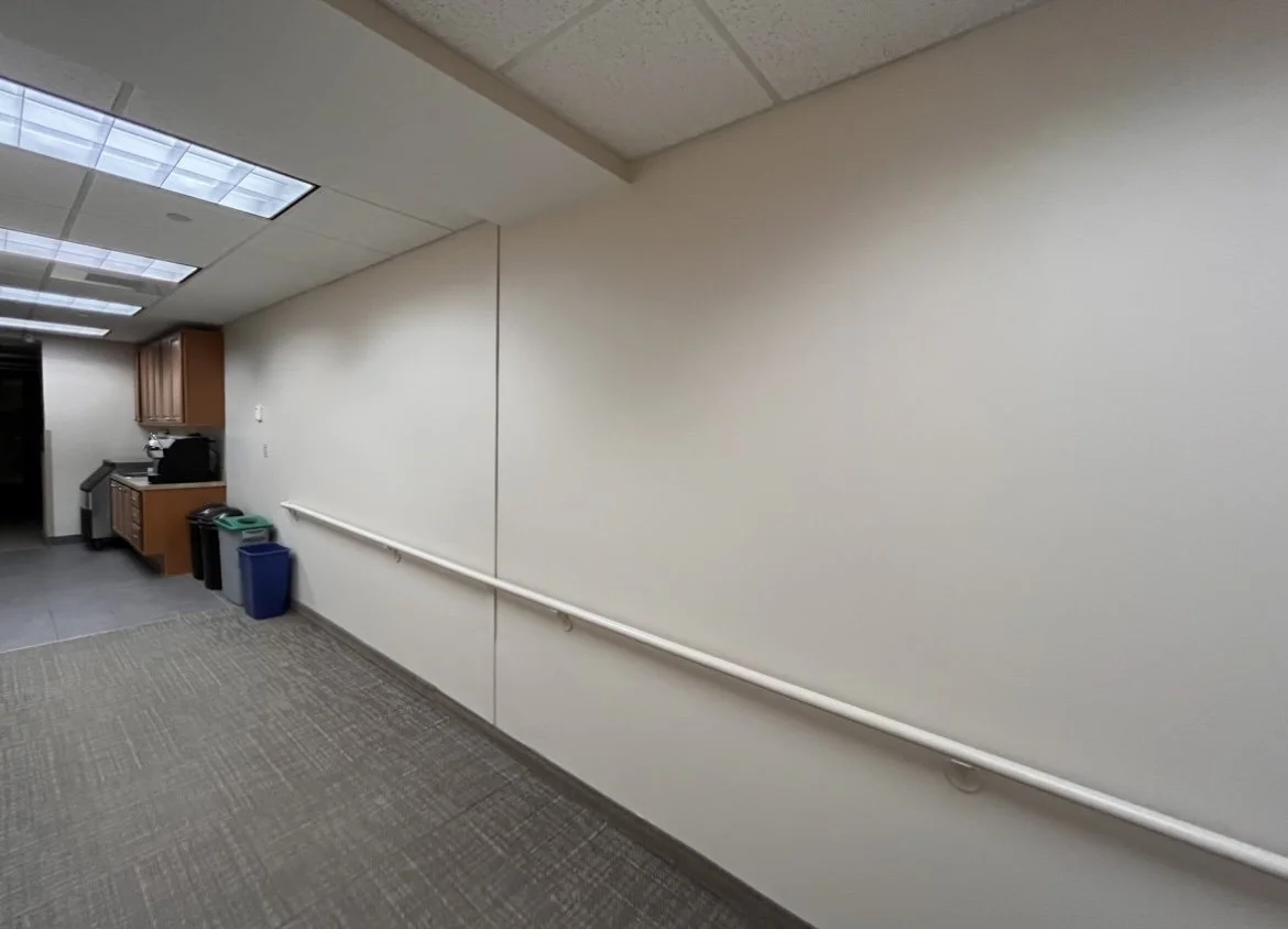 Empty hallway with a beige carpet, white walls, a handrail, and a ceiling with fluorescent lights.