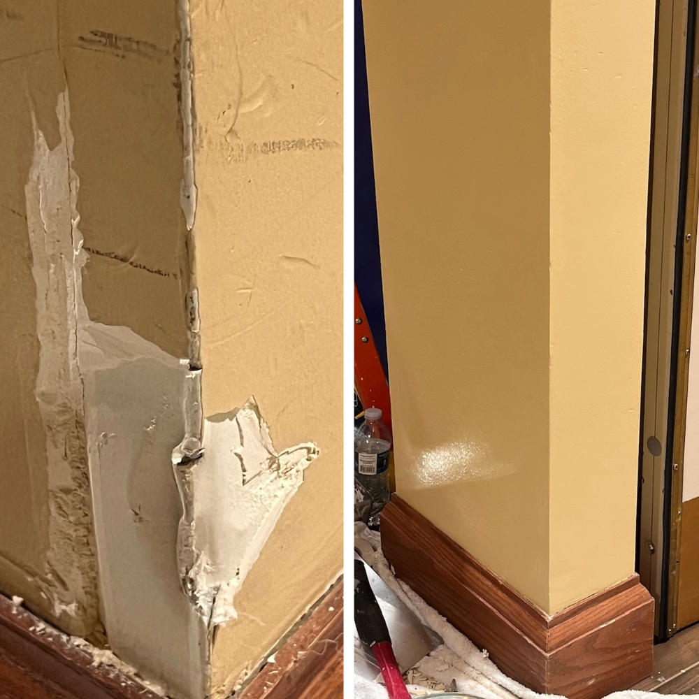 Comparison of a damaged wall with peeling paint and damaged drywall on the left and a smooth, freshly painted wall with a wooden baseboard on the right.