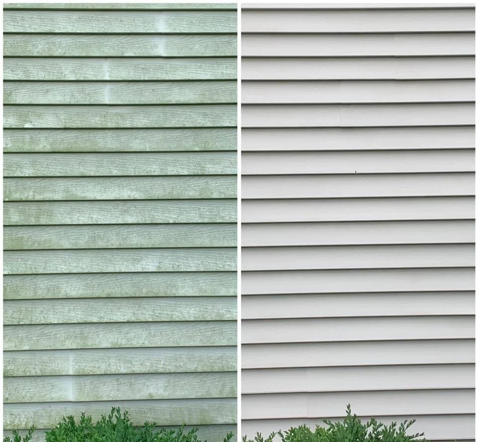 Comparison of two house sidings, left side showing weathered greenish wood, right side showing new gray vinyl siding, with green bushes at the bottom.