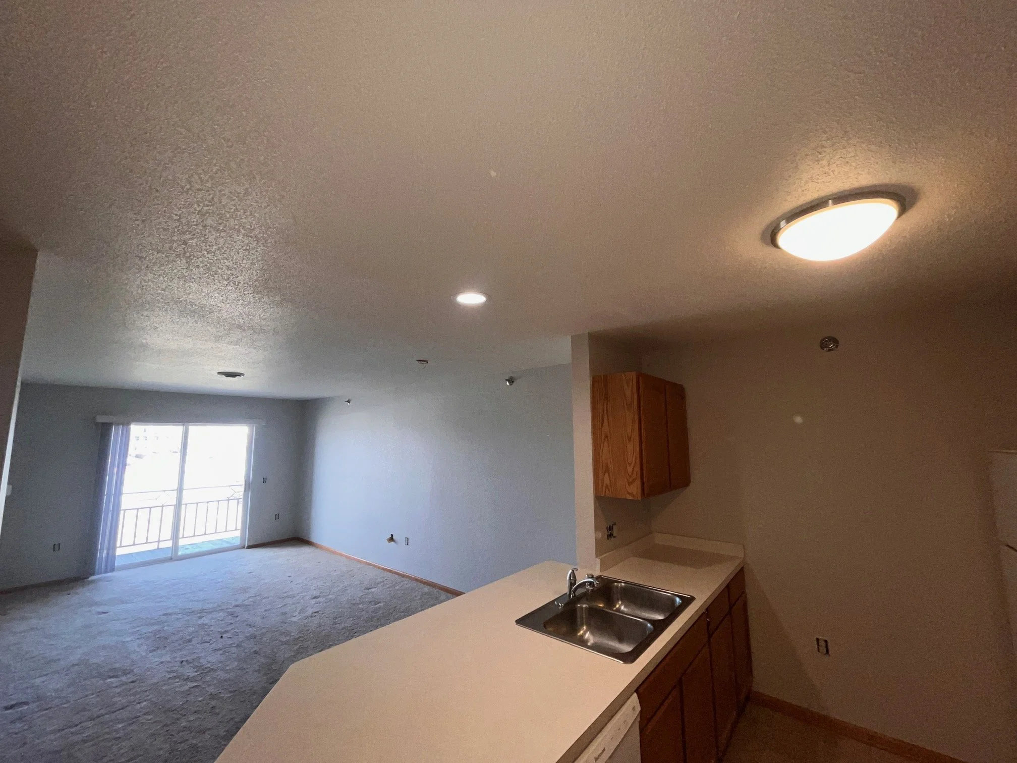 Empty living room with sliding glass door leading to balcony, kitchen with countertop, double sink, and wooden cabinets, ceiling lights, and beige carpeted floor.