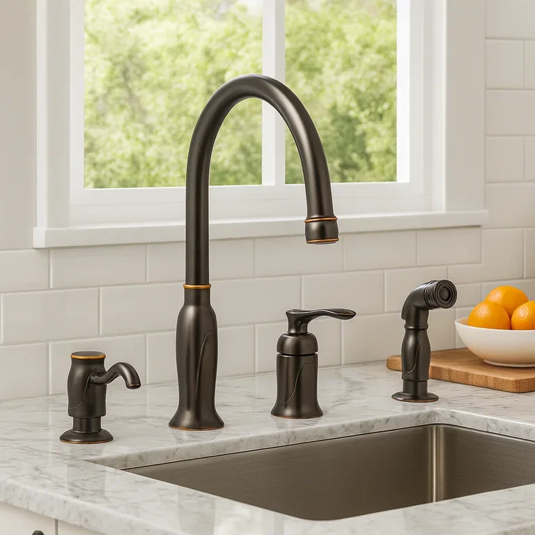 Kitchen sink with bronze faucet and matching handles, white subway tile backsplash, window with green trees outside, bowl of oranges on cutting board.