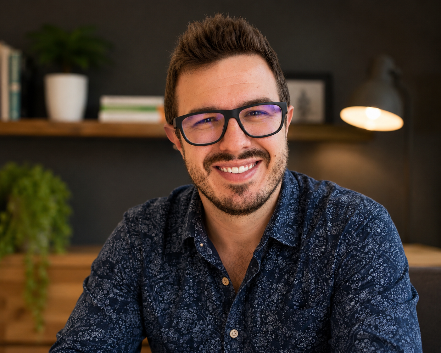 A smiling man with glasses and facial hair sitting indoors in front of a bookshelf and plants.