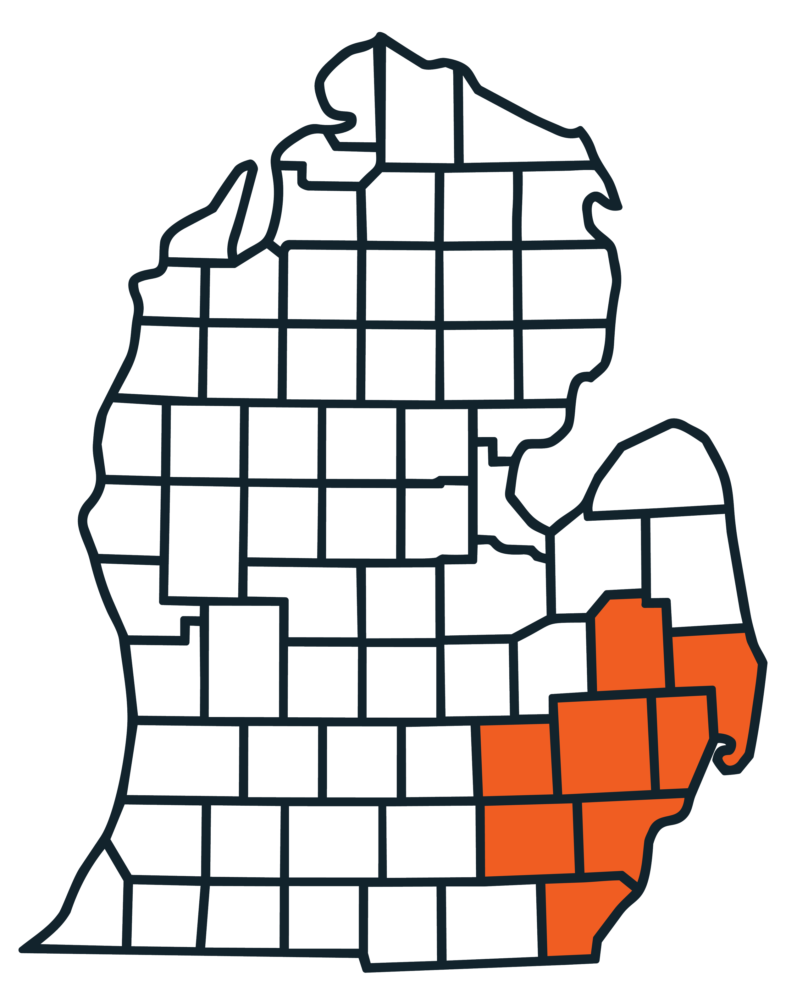 Map of Michigan with the southeastern counties highlighted in orange.