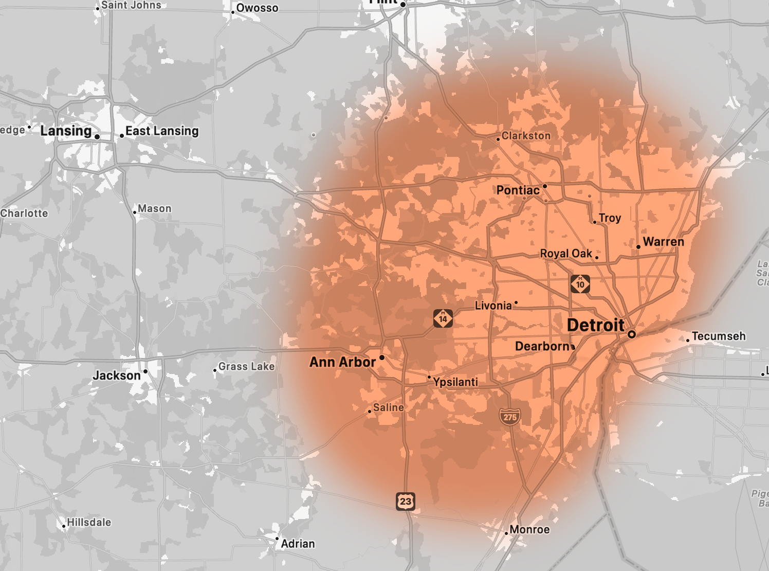 Map of Detroit, Michigan area with highlights in orange showing urban density or heat map, including city names and major highways.