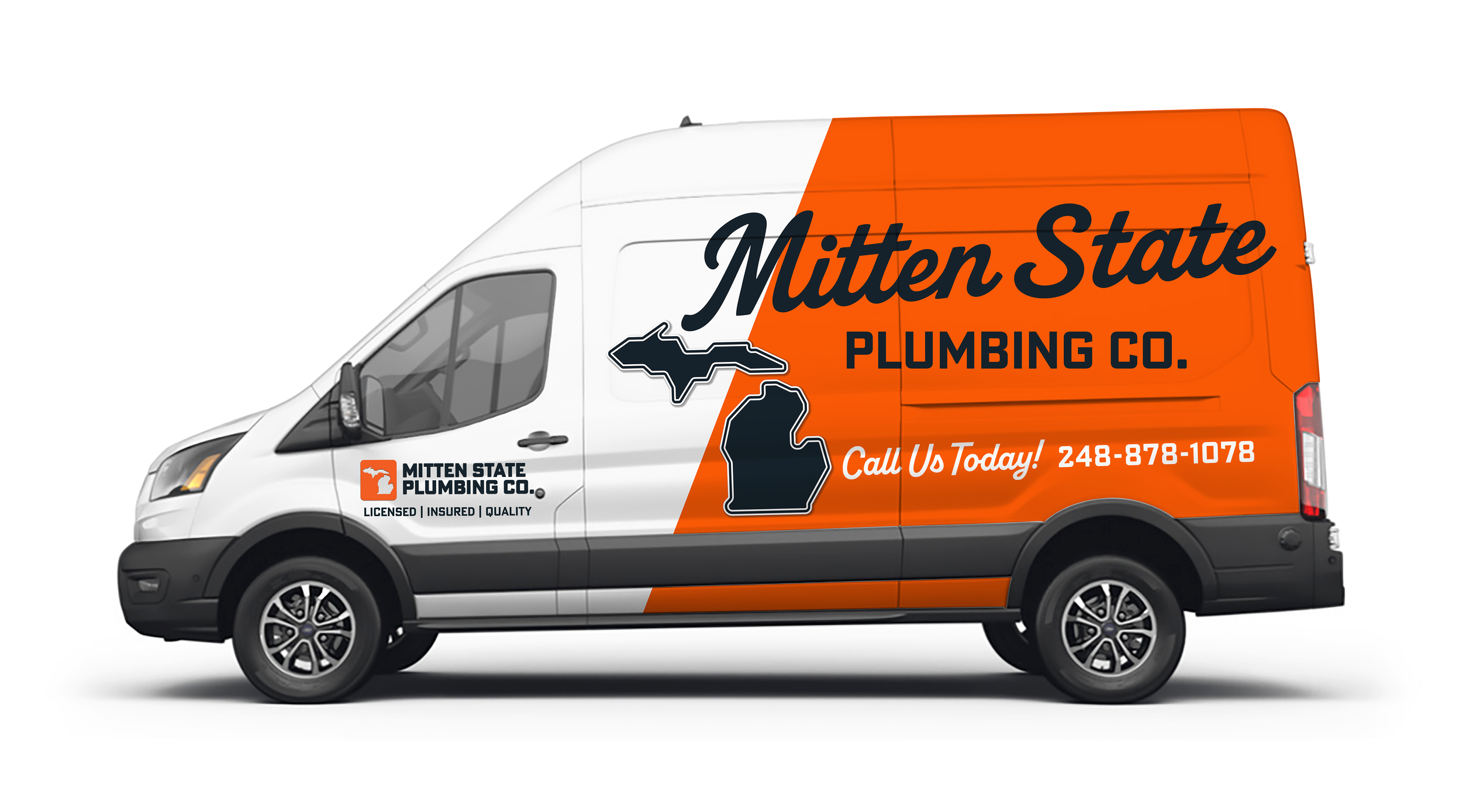 A white and orange delivery van with branding for Mitten State Plumbing Co. featuring a map outline of Michigan, contact information, and the company's logo.