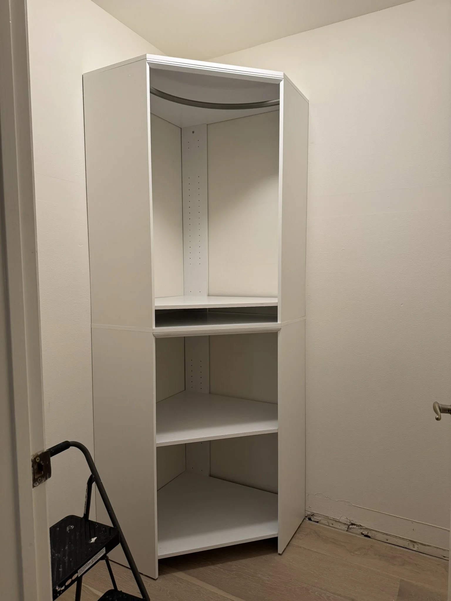 Small Walk-In Closet Update — Corner shelving install