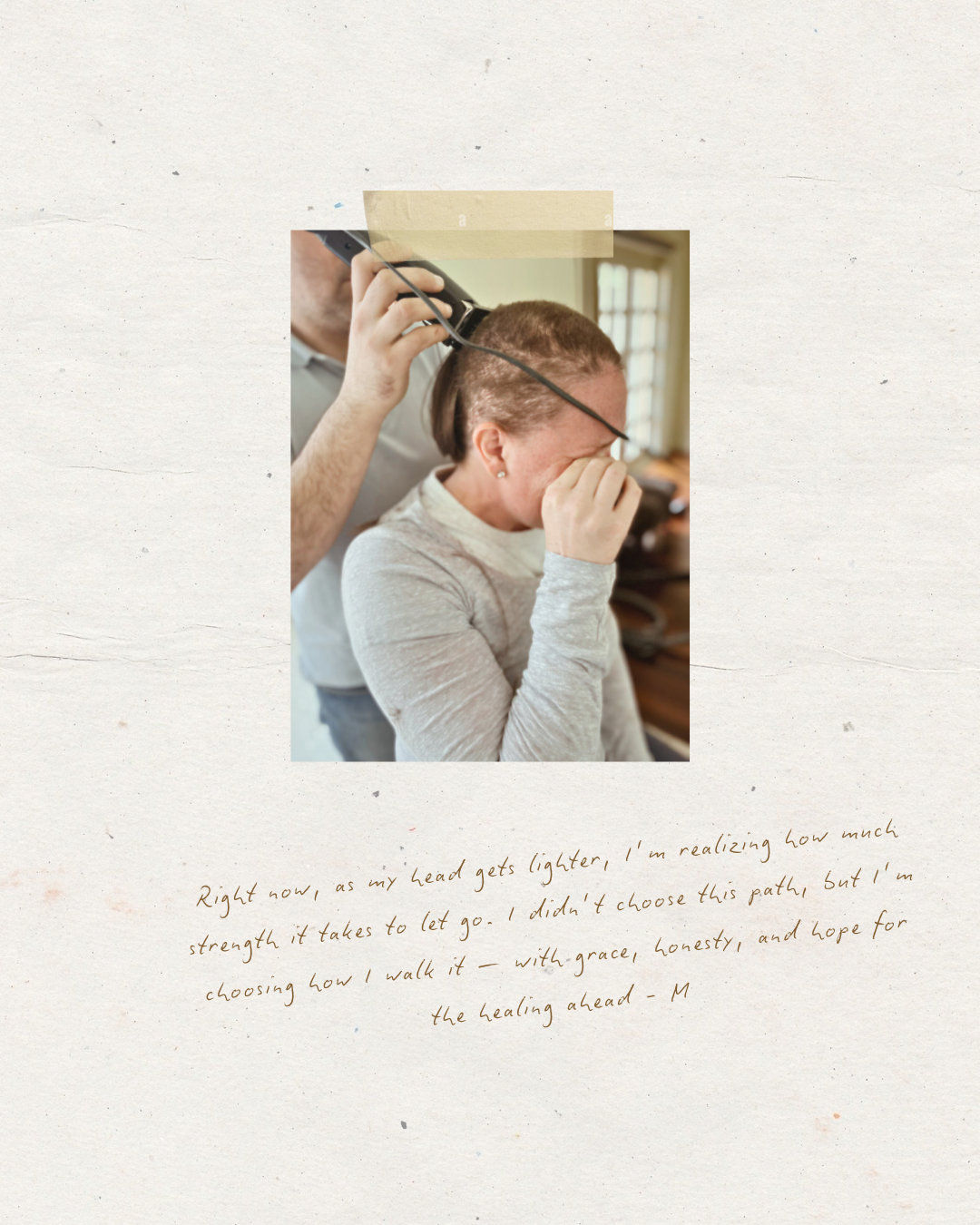 Caelan Apparel Founder Megan Bata with short hair receiving a haircut from a person using electric clippers, in an indoor setting.