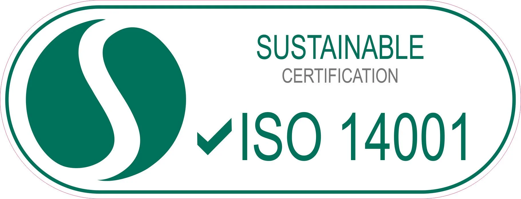 Sustainable certification badge with a green leaf icon, indicating ISO 14001 certification for environmental management.