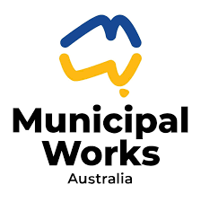 Logo of Australian Municipal Works featuring a stylized map of Australia with a speech bubble, and the text 'Municipal Works Australia'.