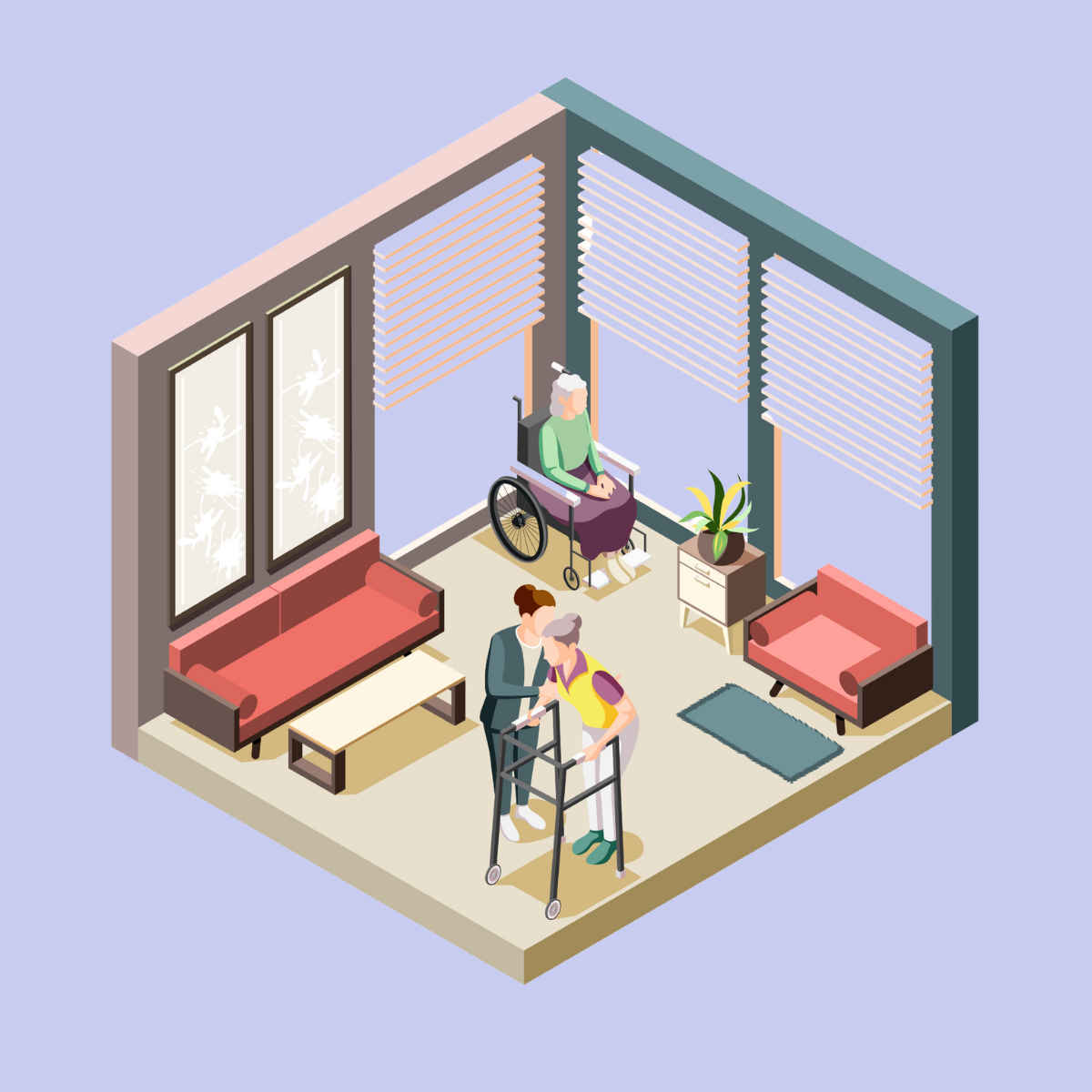 An illustrated scene of a nursing home room with three elderly women, one in a wheelchair near the window, another using a walker, and the third sitting on a pink couch. The room has pink couches, a small table, window blinds, and wall art.