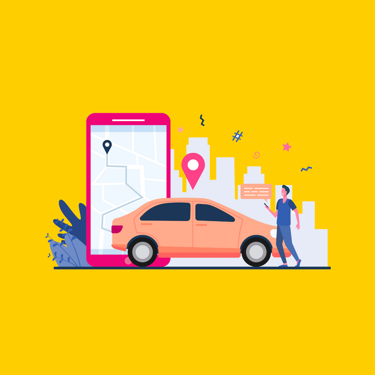 A digital illustration of a person with a smartphone in a cityscape, featuring a car, map, and location pins, against a yellow background.