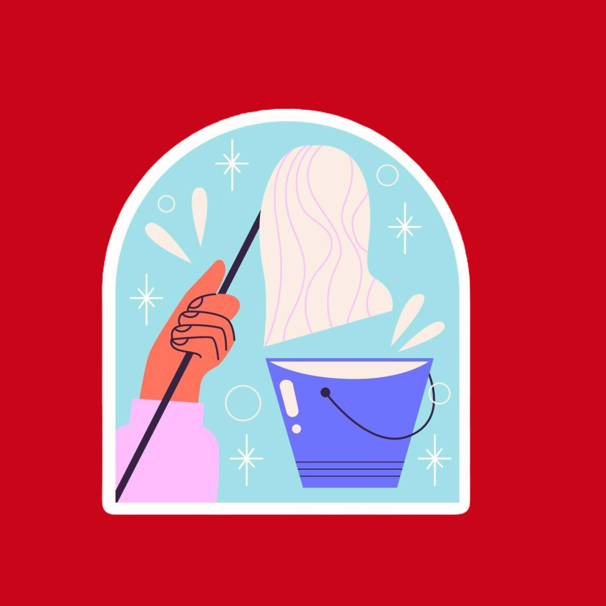 Illustration of a hand with a pink sleeve holding a black stick inside a window with snowflakes, a bucket, and a piece of soap or sponge, against a red background.