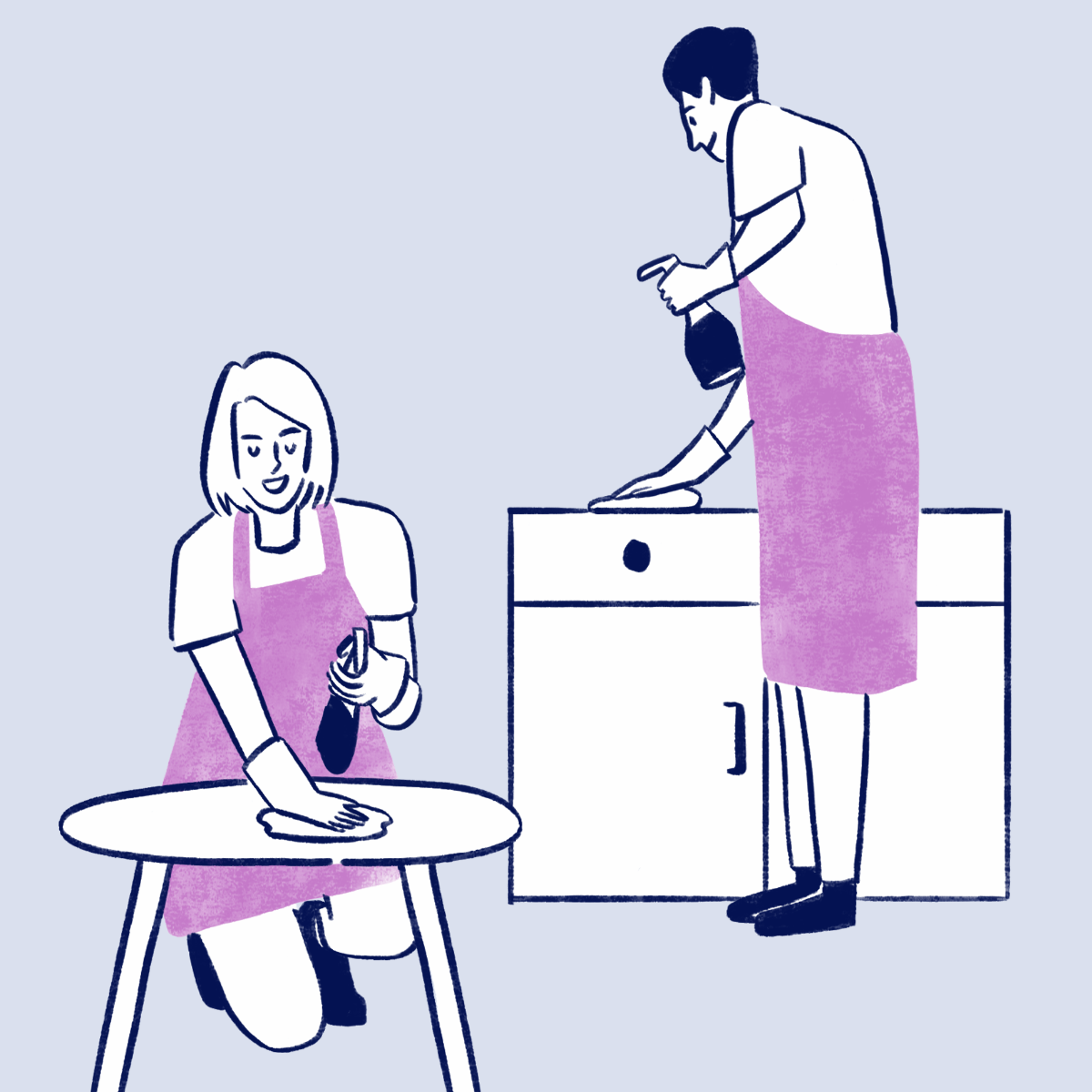 A woman kneeling on the floor cleaning a table with a cloth, while a man standing on a counter sprays or wipes something on the surface.