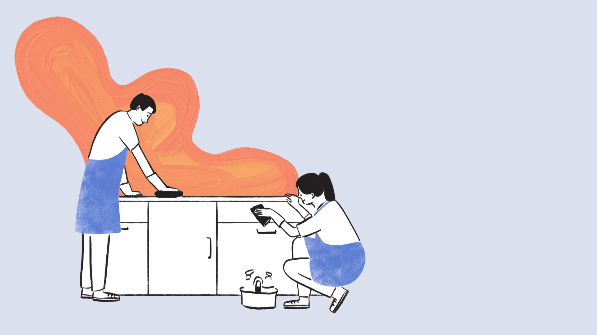Two people cleaning a kitchen counter with an orange cloud of smoke or steam in the background.