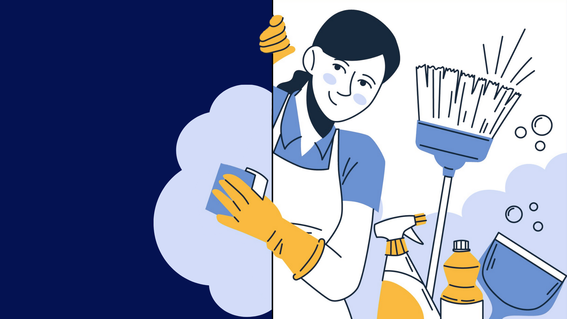 Split illustration of a woman cleaning, with one side showing her with a dark background and the other side showing her in a light background. She is wearing yellow gloves, an apron, and holding a spray bottle, with cleaning tools like a brush and cleaning supplies around her.