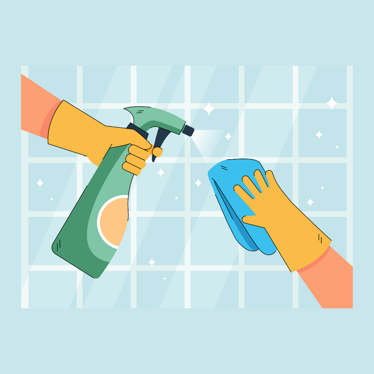 People cleaning a glass window, one using a spray bottle and another wiping with a cloth, with sparkling clean glass in the background.