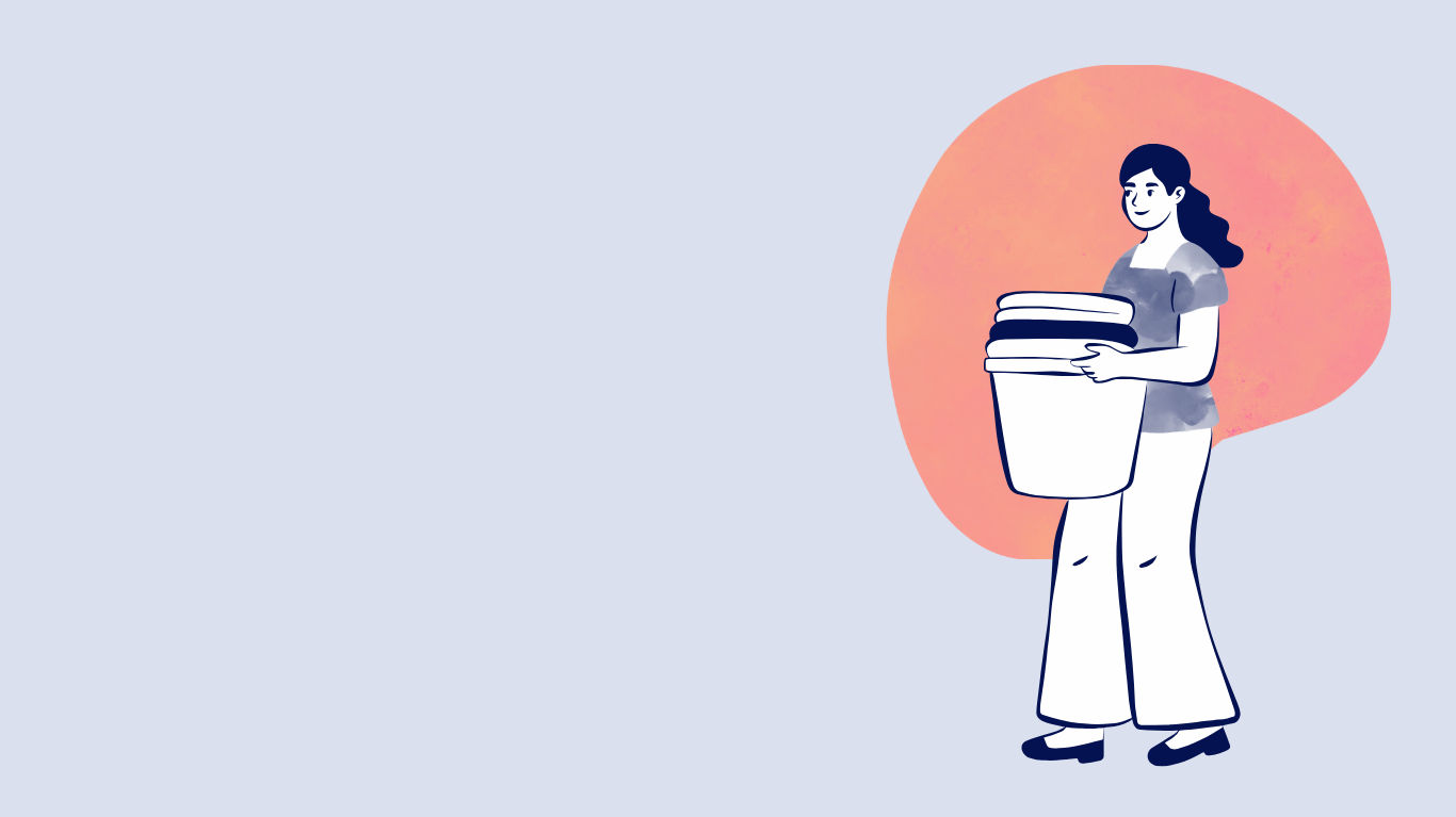 Illustration of a woman holding a laundry basket filled with folded clothes, standing in front of an orange abstract background.