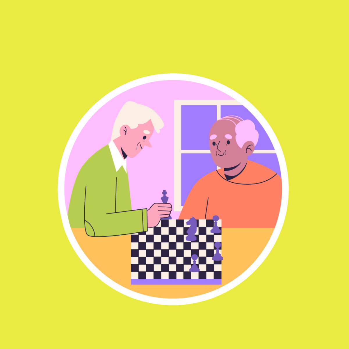 Two elderly men playing chess indoors with a window in the background.