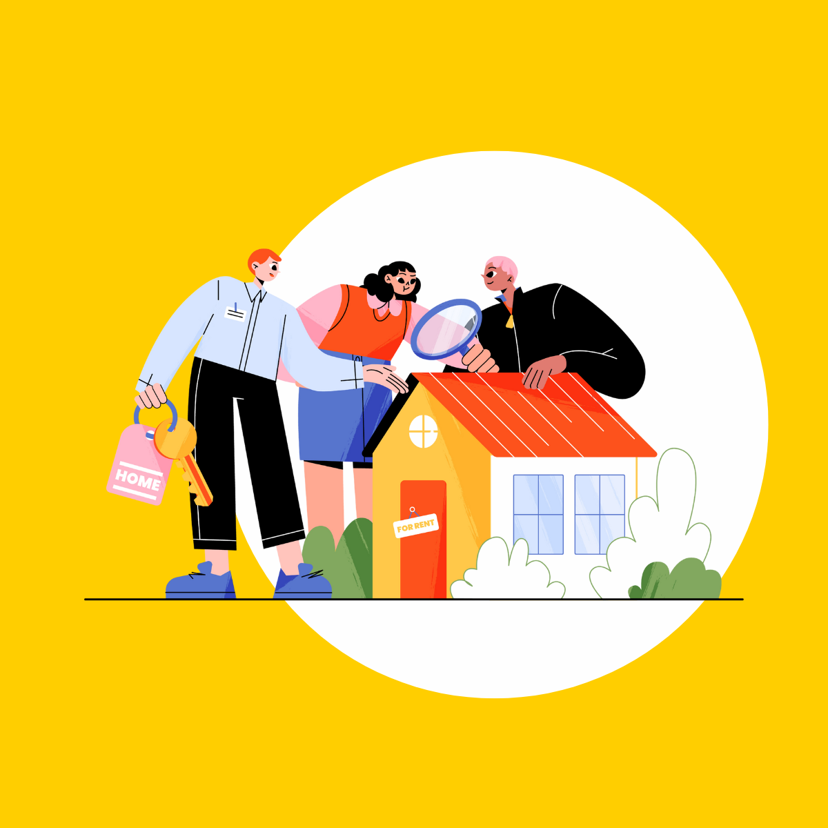 People inspecting a house with a magnifying glass, with a 'For Rent' sign, in front of a yellow background.