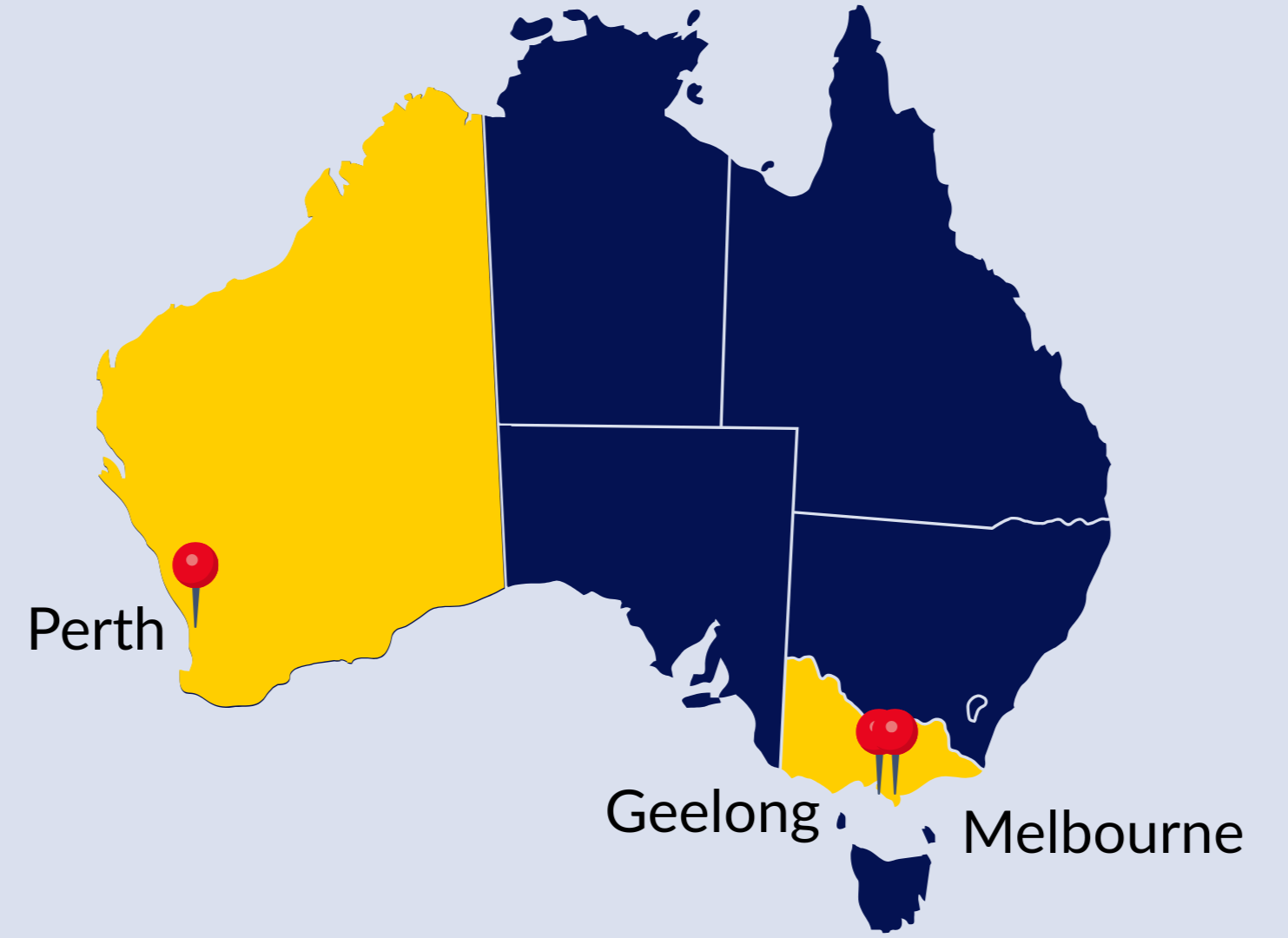 Map of Australia with its states highlighted, showing Perth in Western Australia, Geelong in Victoria, and Melbourne in Victoria with red location markers.