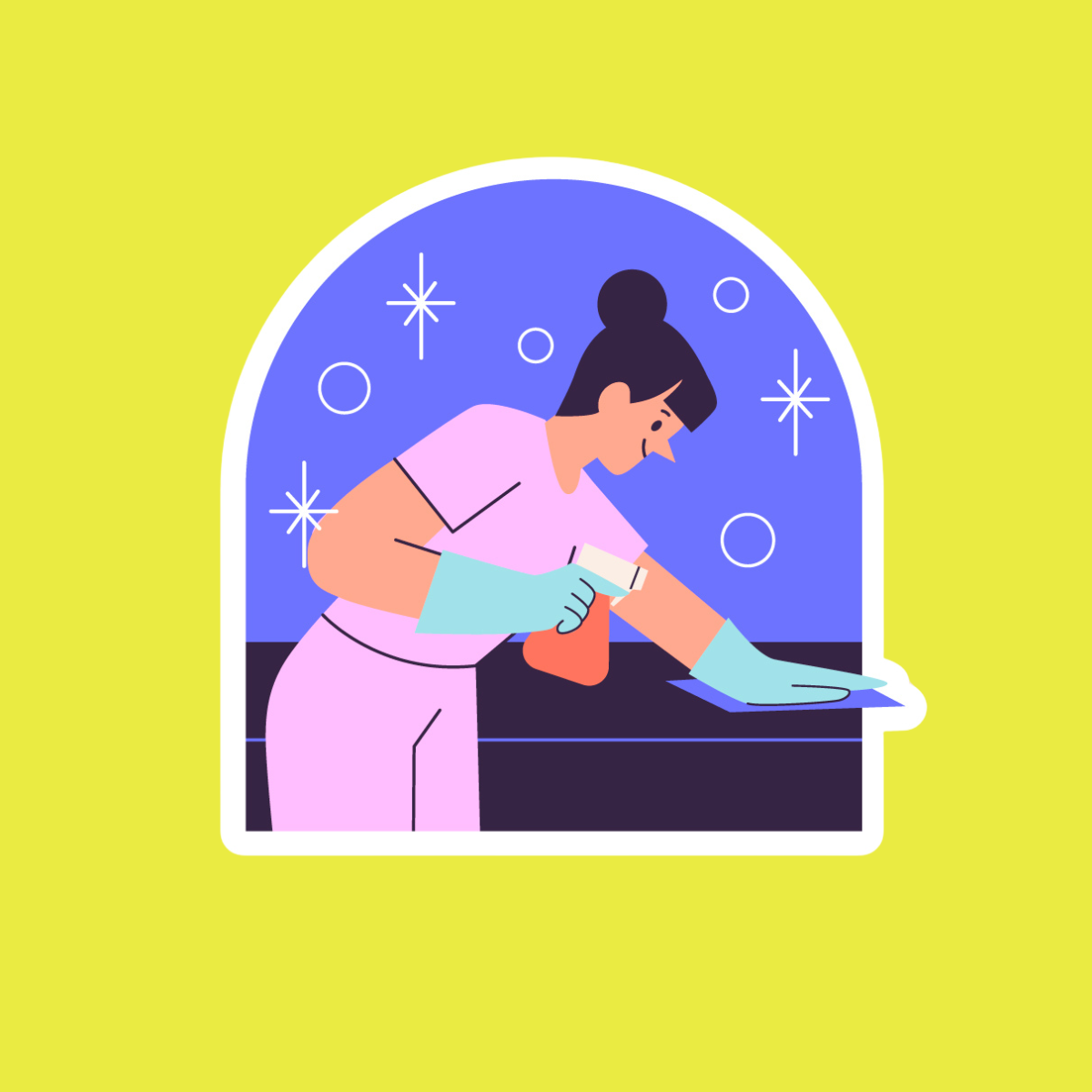 Illustration of a woman in pink scrubs cleaning a window with a cloth, wearing gloves, and holding a spray bottle, against a background with stars.