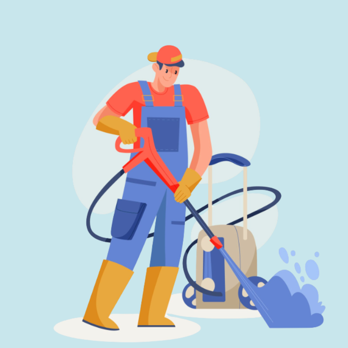 Young man wearing yellow boots, gloves, and a red cap, operating a pressure washer to clean a blue surface, with a beige and blue backpack-style pressure washer in the background.
